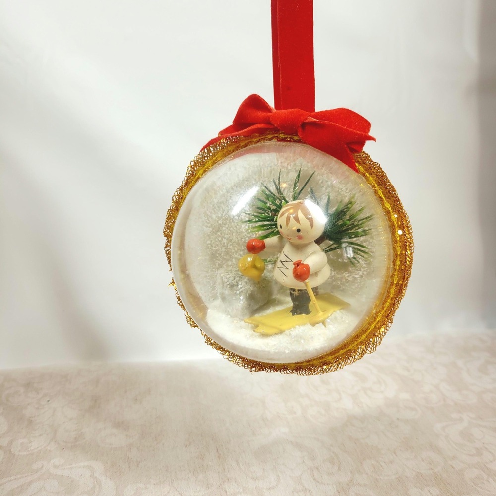 Vintage Christmas Diorama Ornament Clear Plastic Ball Wooden Skier Figurine Snow